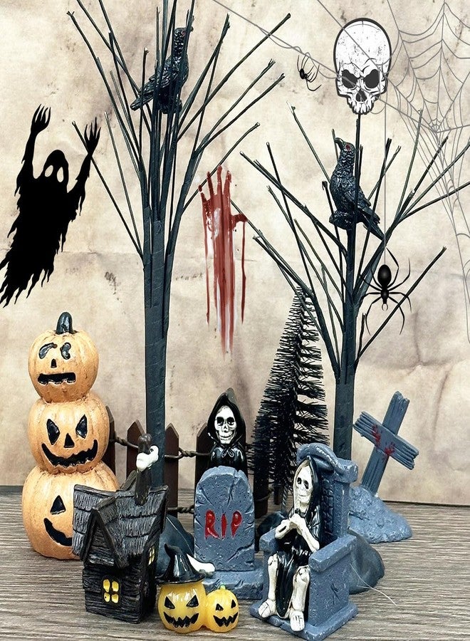 Suartus Halloween Village Accessories Ornaments - 46Pcs Miniature Pumpkin Skeleton Tombstones Spider Pinetrees Figurines Resin Horror Village Mini Halloween Figurines for Hallowmas Town Party Decor - Image 5